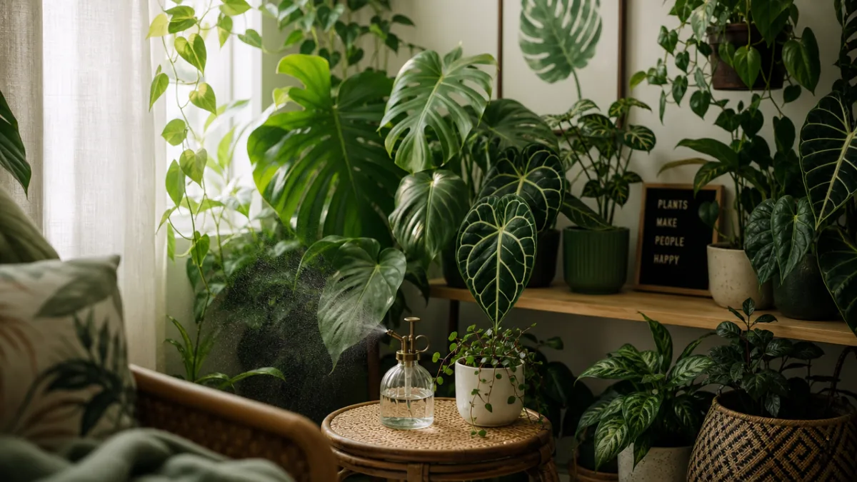 a cozy indoor plant corner with lush tropical foliage, misting spray bottle,…