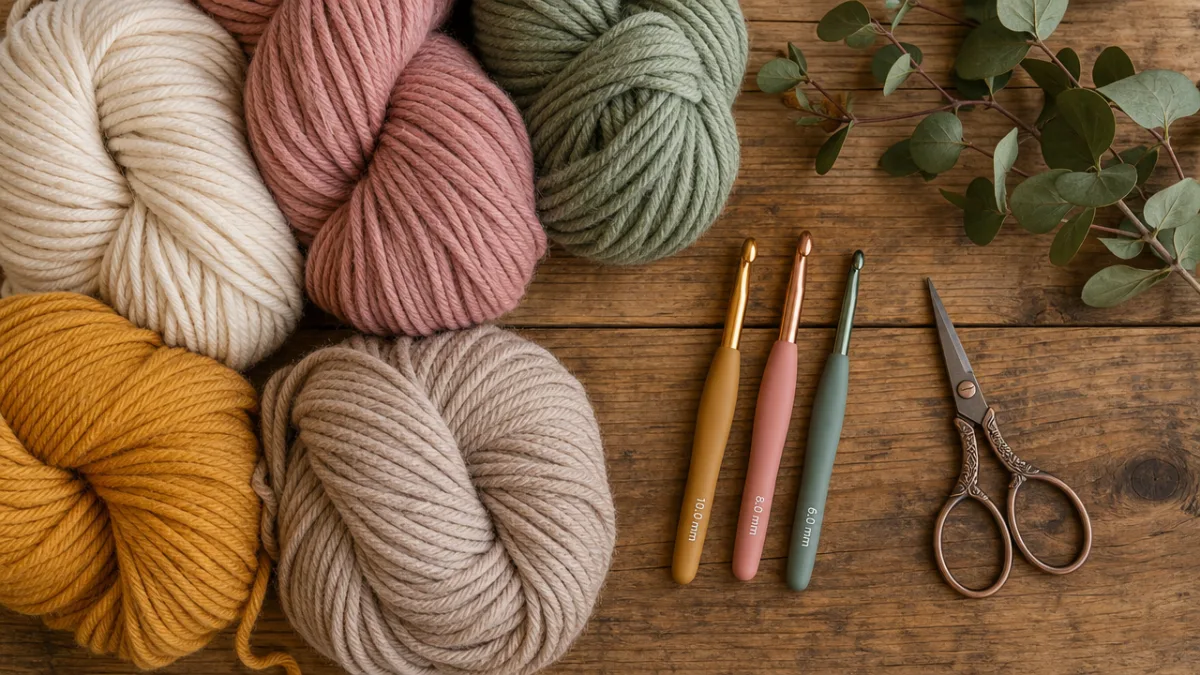 a flat lay of chunky yarn skeins, crochet hooks, and scissors arranged…