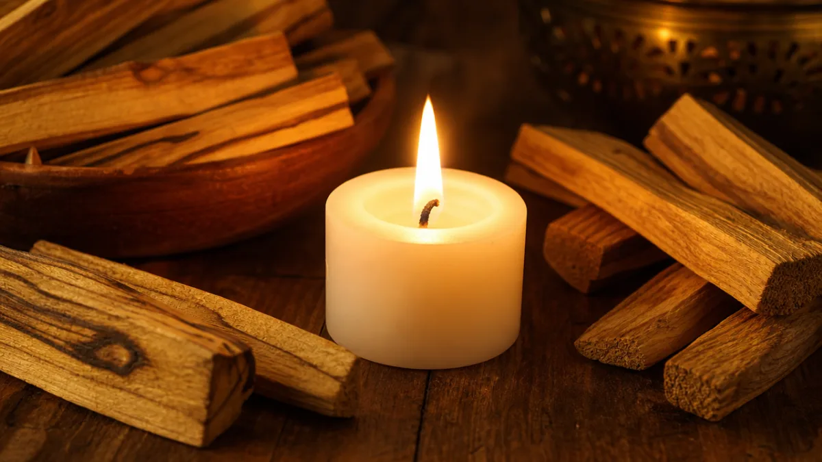 a close-up of a small white candle on a wooden surface surrounded…