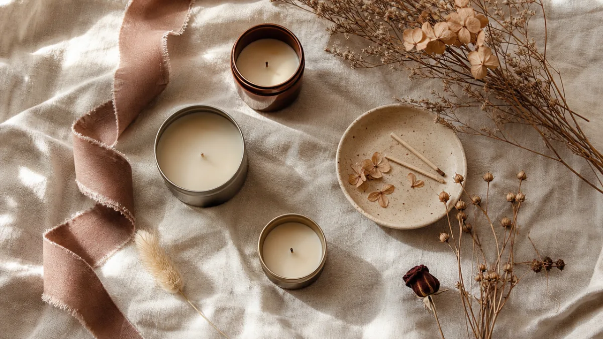 a styled flat lay of small candles, dried botanicals, and ribbon on…