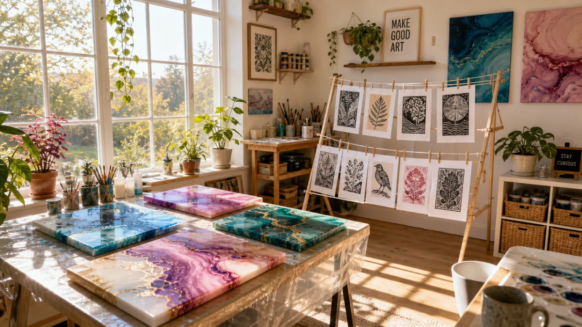 a bright airy home studio with finished resin pour canvases and linocut…