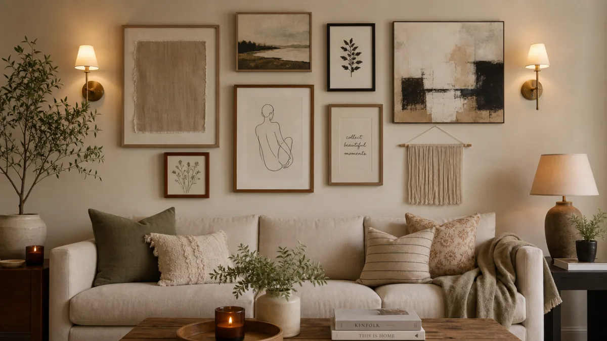 a elegantly styled living room wall with a gallery arrangement of DIY…