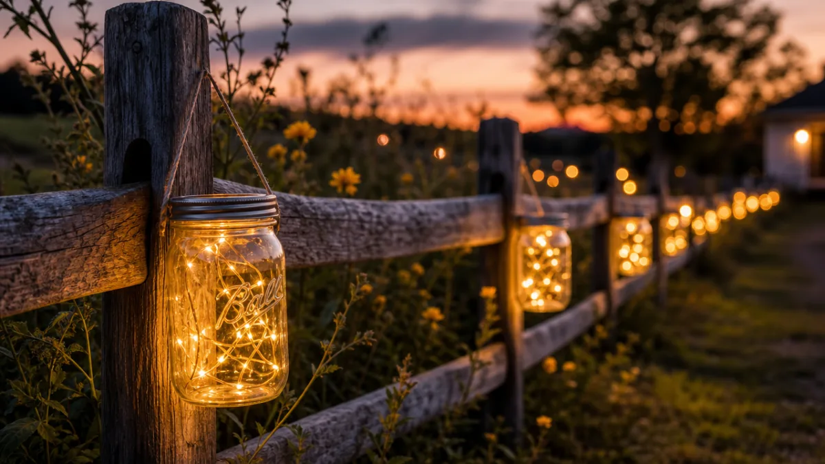 a rustic wooden fence at twilight adorned with glowing mason jar lights,…