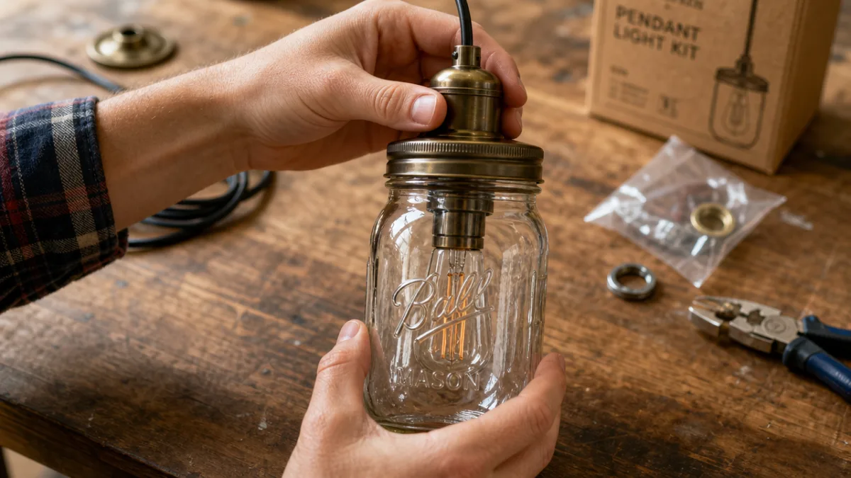 close-up of hands assembling a mason jar pendant light on a wooden…