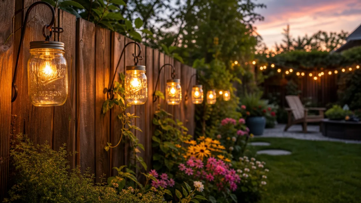 a beautifully lit backyard fence with mason jar lights glowing at dusk,…