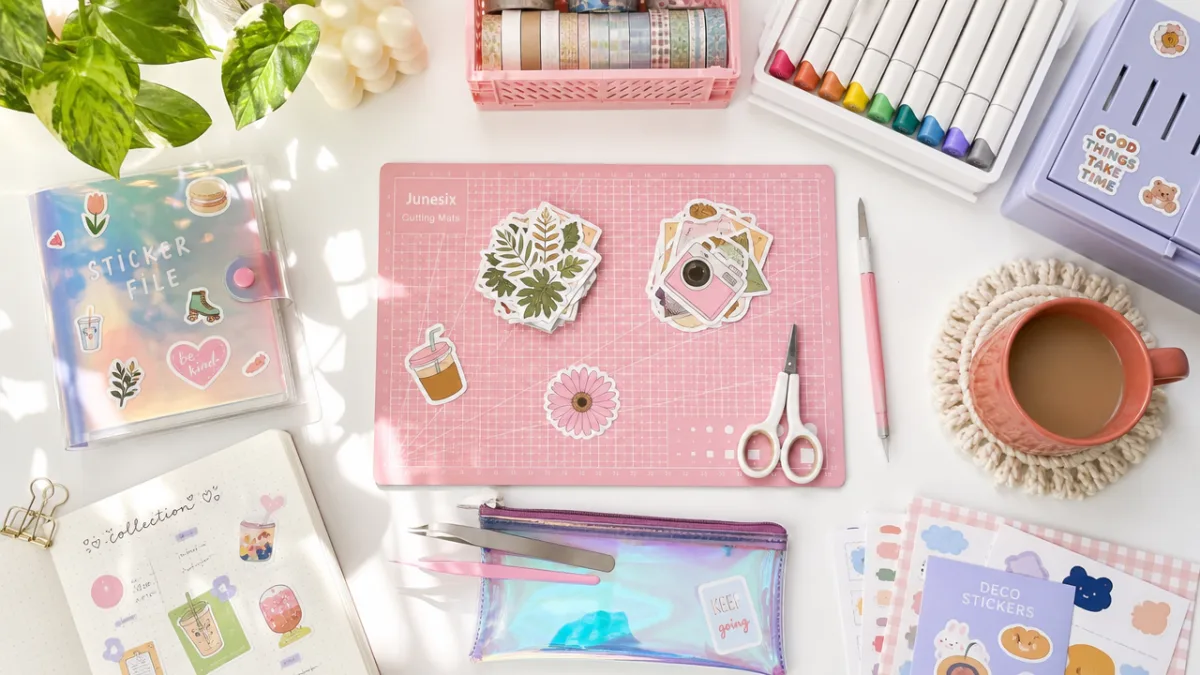 a flat lay of sticker-making supplies on a white desk with soft…