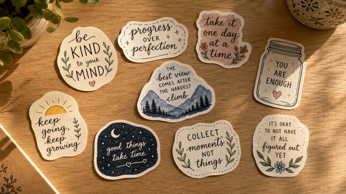 a collection of handmade quote stickers arranged on a light wooden table,…