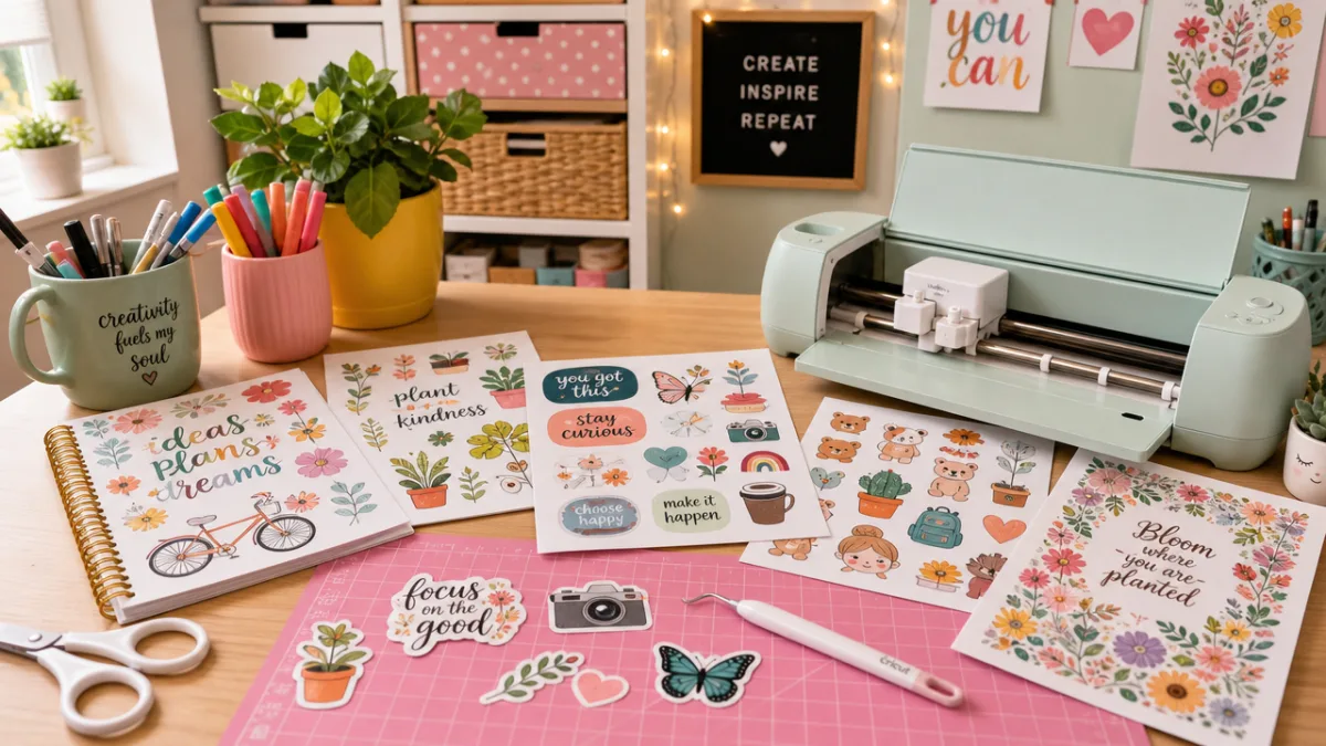 a cheerful craft workspace with printed sticker sheets and a cutting machine,…
