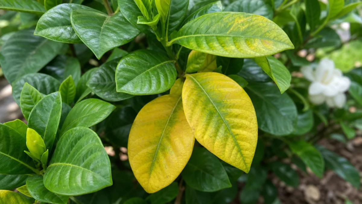 a close-up of yellowing gardenia leaves on a lush green plant, soft…