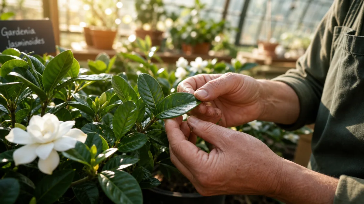 a gardener's hands carefully inspecting gardenia leaves for pests, warm afternoon sunlight…