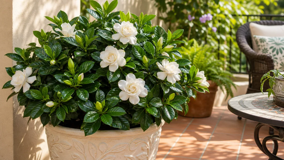 a thriving gardenia plant with glossy deep-green leaves and white blooms, bright…