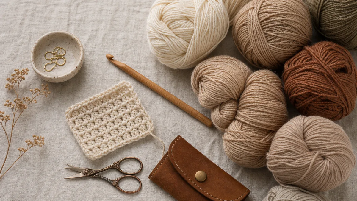 a flat lay of crochet tools, yarn skeins in warm neutral tones,…