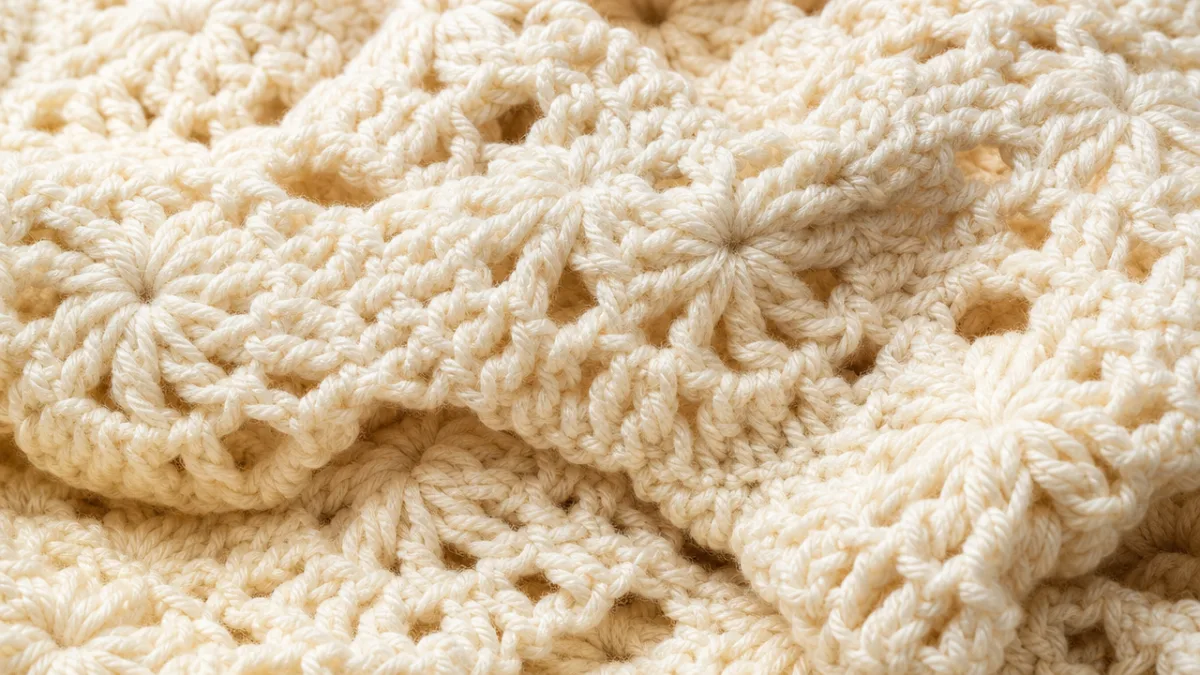 a close-up of richly textured crochet fabric in cream wool, stitches clearly…
