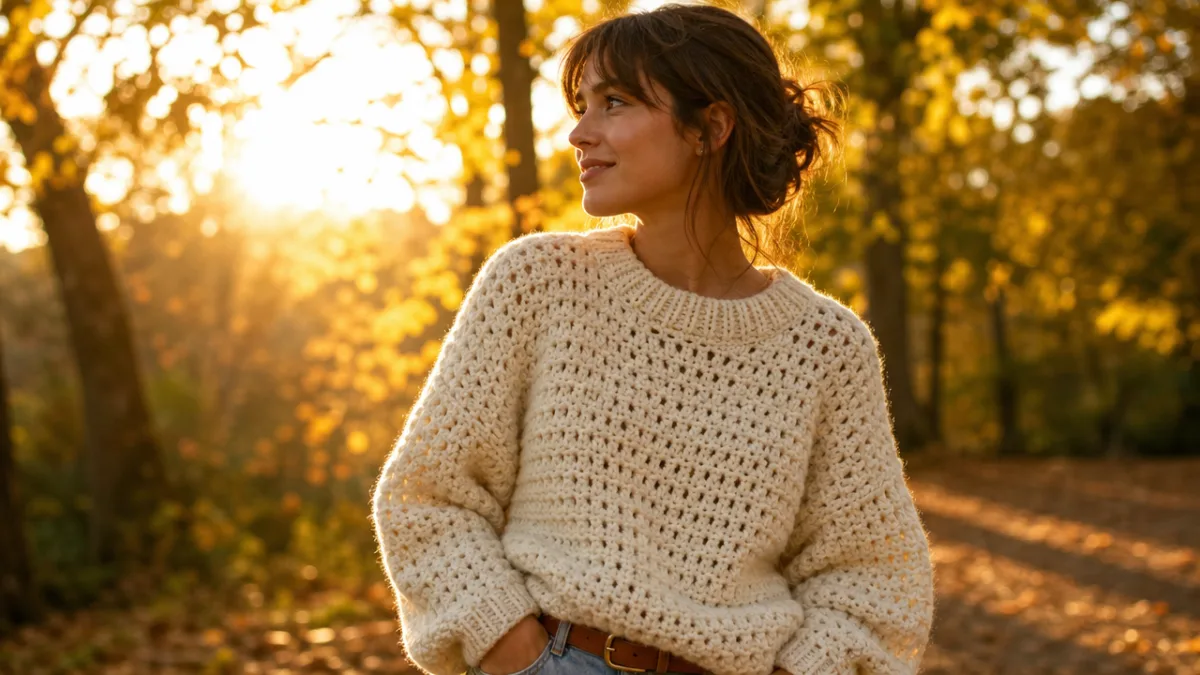 a person wearing a chunky cream crochet jumper outdoors in autumn, golden…