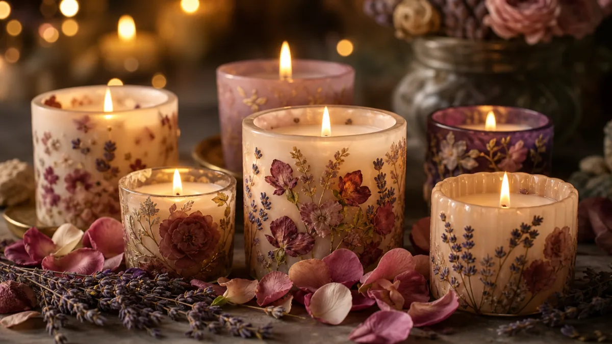 a collection of elegant floral candles surrounded by fresh rose petals and…
