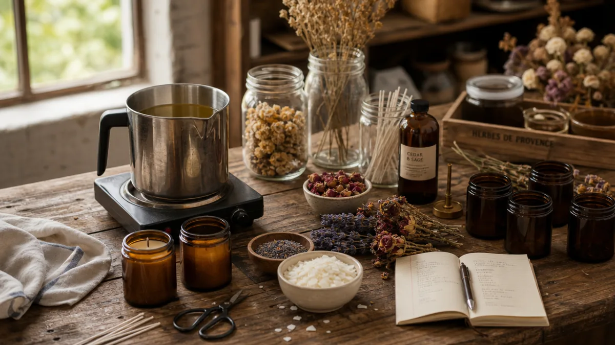 a rustic wooden table with candlemaking supplies including melted wax, dried florals,…