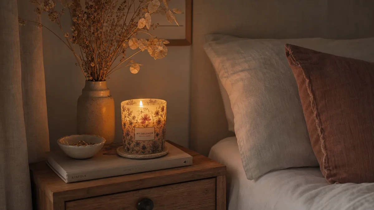 a serene bedroom nightstand with a glowing floral candle, dried botanicals in…