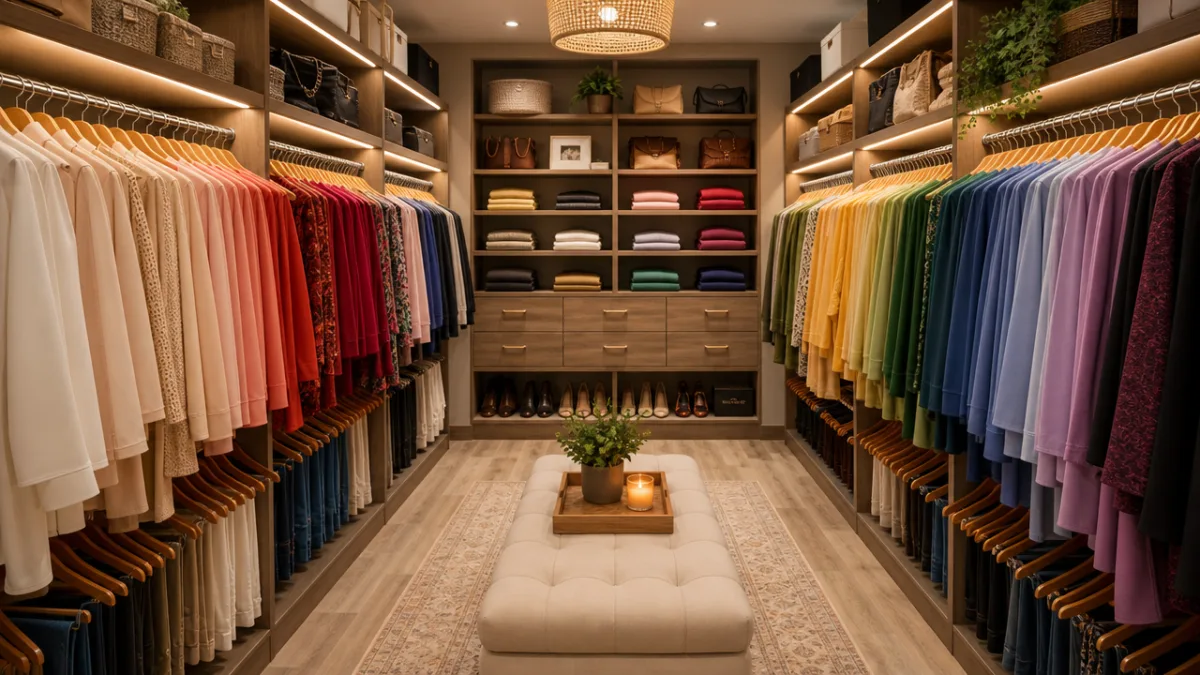 a neatly organized walk-in closet with color-coded clothing, wooden hangers, and soft…