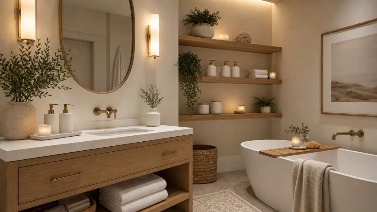 a serene spa-like bathroom with matching white containers, floating wooden shelves, and…