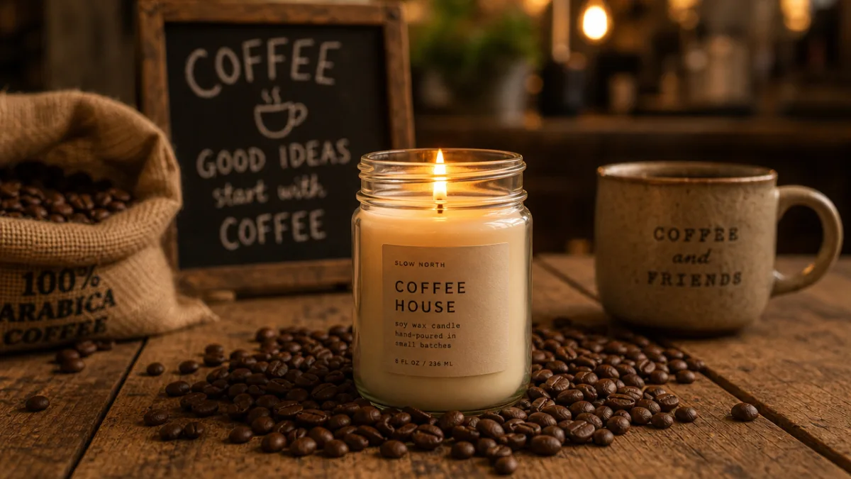a rustic wooden table with a lit soy wax candle in a…