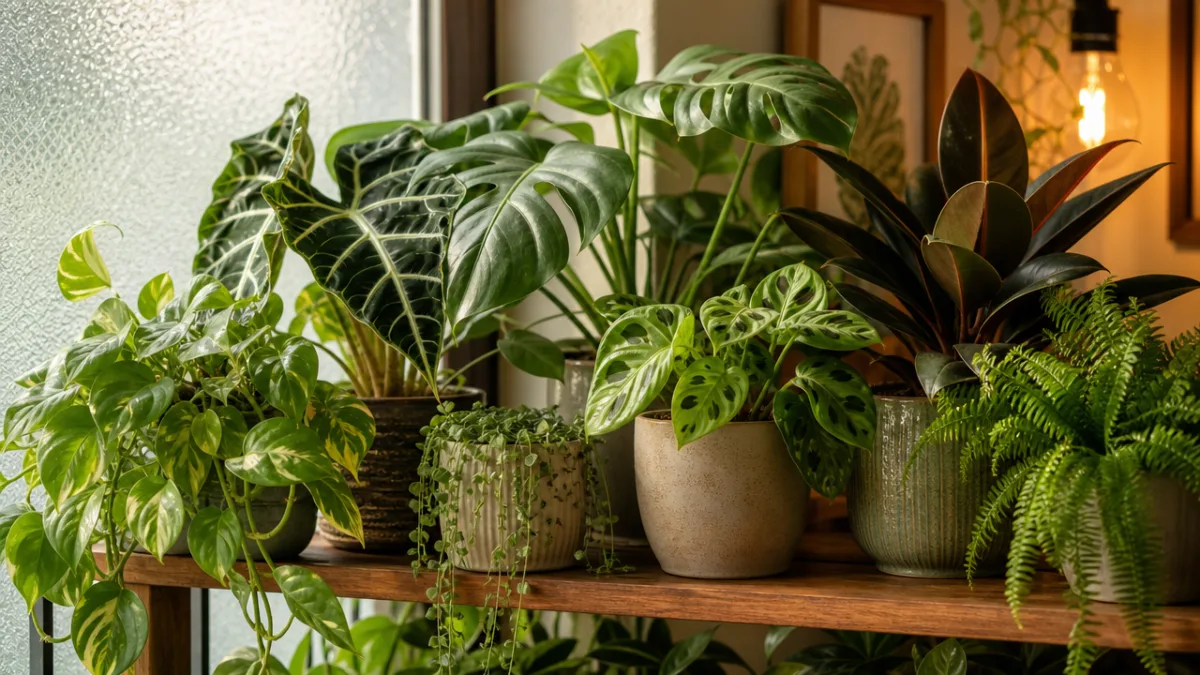 a lush cluster of tropical houseplants grouped on a wooden shelf near…