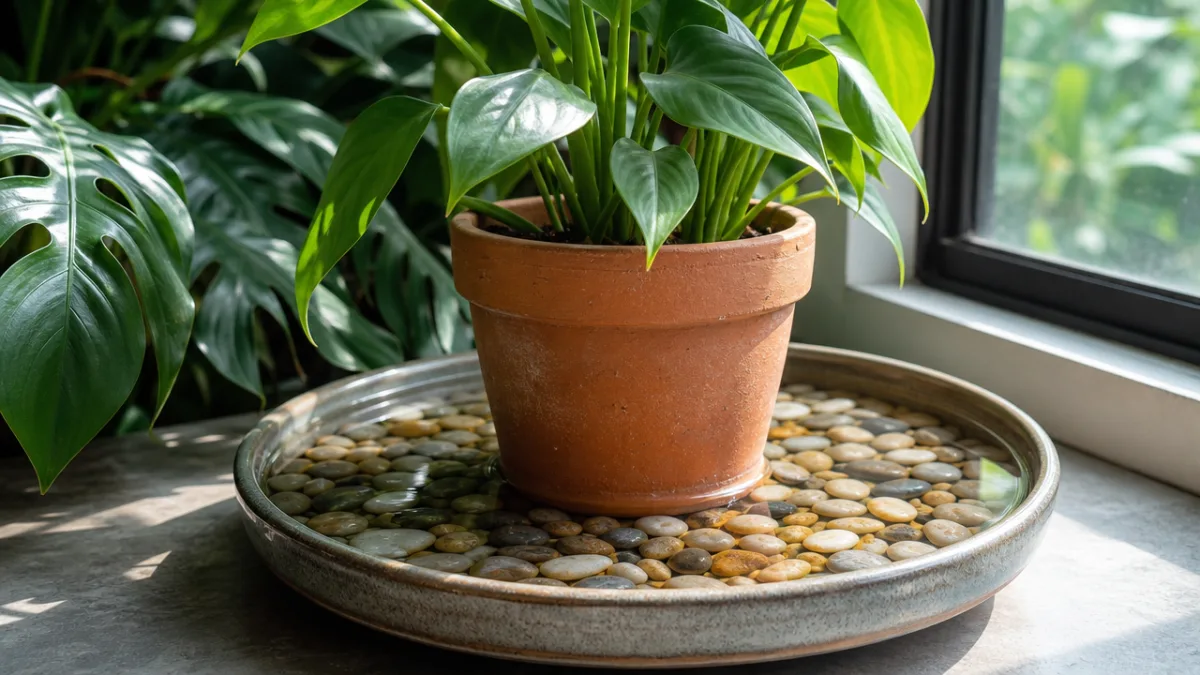 a terracotta pot on a pebble tray with clear water, surrounded by…