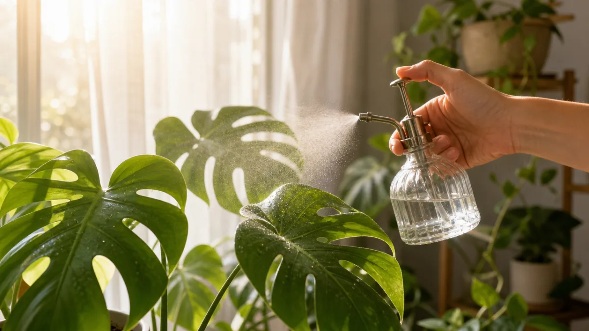 a hand misting green tropical plant leaves with a glass spray bottle,…