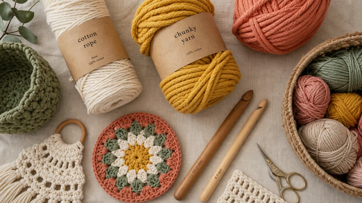 a flat lay of colorful crochet materials including cotton rope, chunky yarn,…