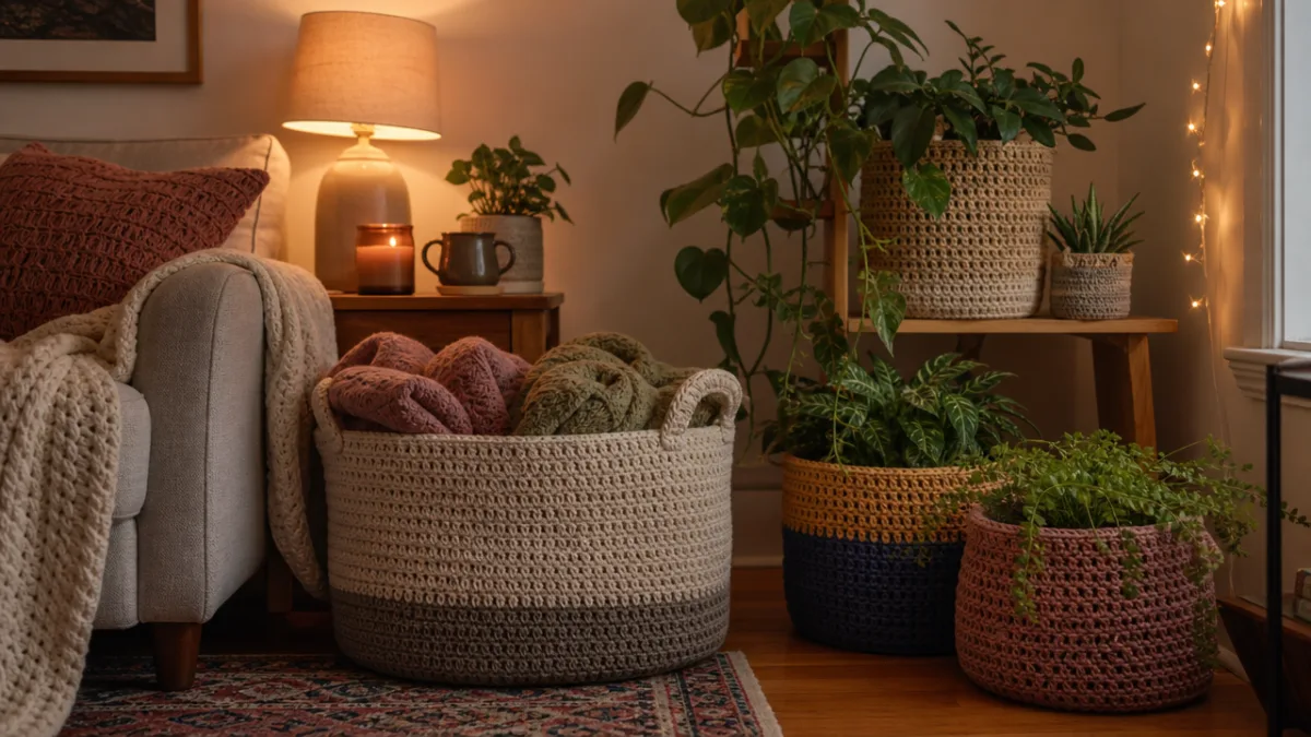 a cozy living room corner with handmade crochet baskets holding blankets and…