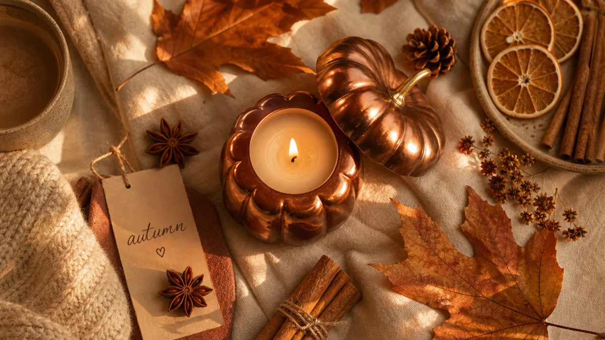 a styled autumn flat lay with copper pumpkin candle, spices, dried leaves,…