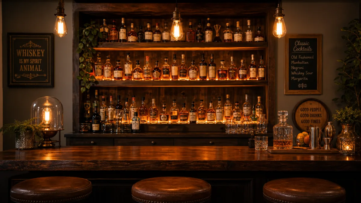 a warm home bar setup with dark wood shelving, amber-lit bottles, and…