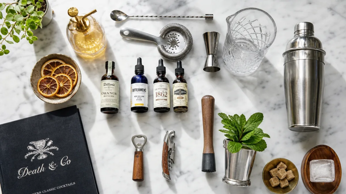 a flat-lay of cocktail tools, bitters bottles, and bar accessories on a…