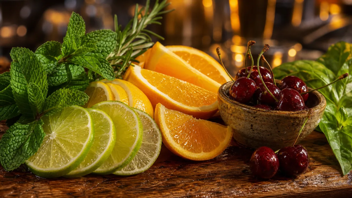 a close-up of fresh cocktail garnishes — citrus slices, herbs, and cherries…
