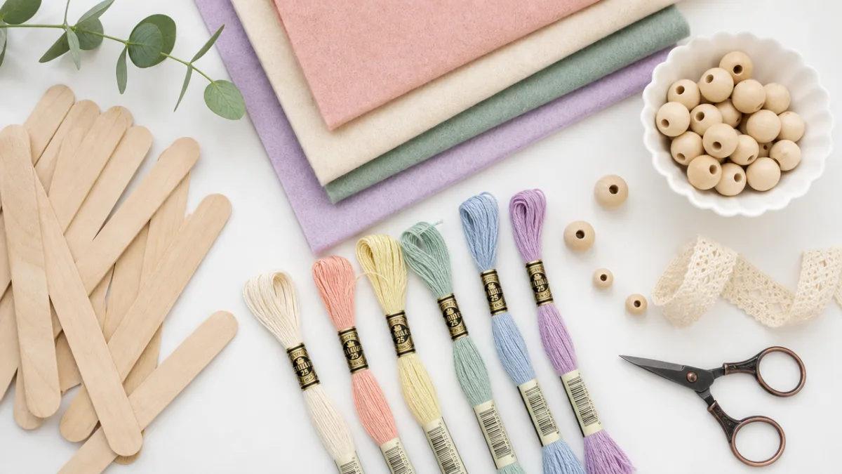 a flat lay of craft materials including wood sticks, felt fabric, pastel…