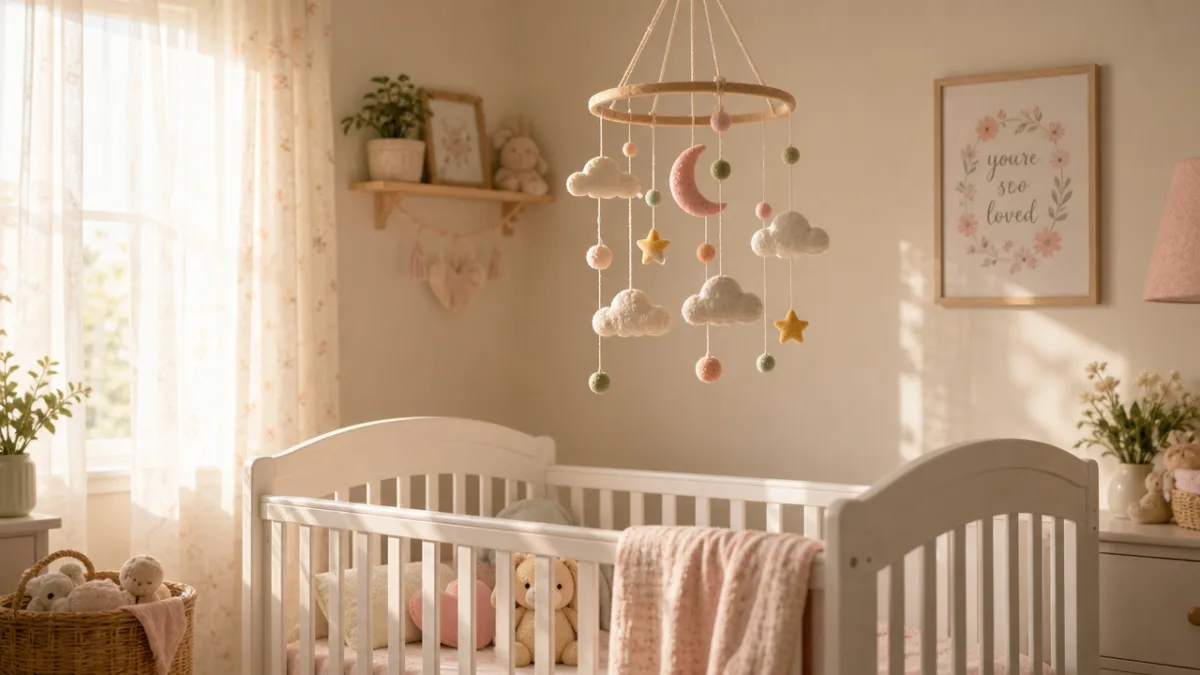 a dreamy nursery with a handmade pastel mobile hanging above a white…