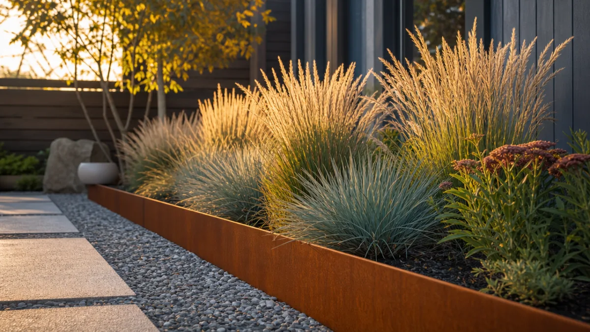 a modern garden bed with Cor-Ten steel edging and ornamental grasses, warm…