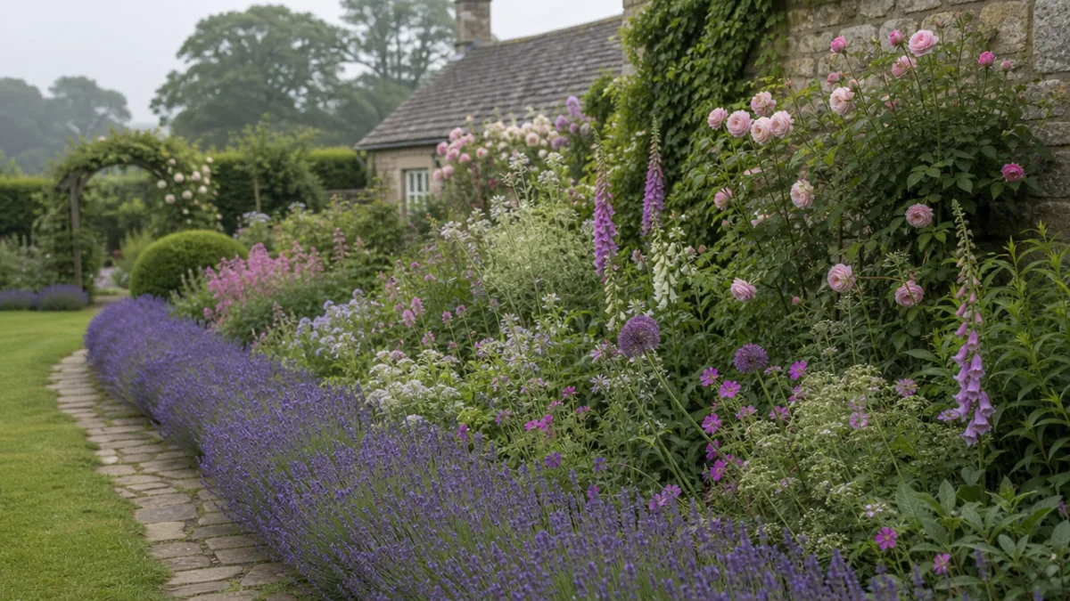 a lush cottage garden border with lavender edging and mixed perennials, soft…