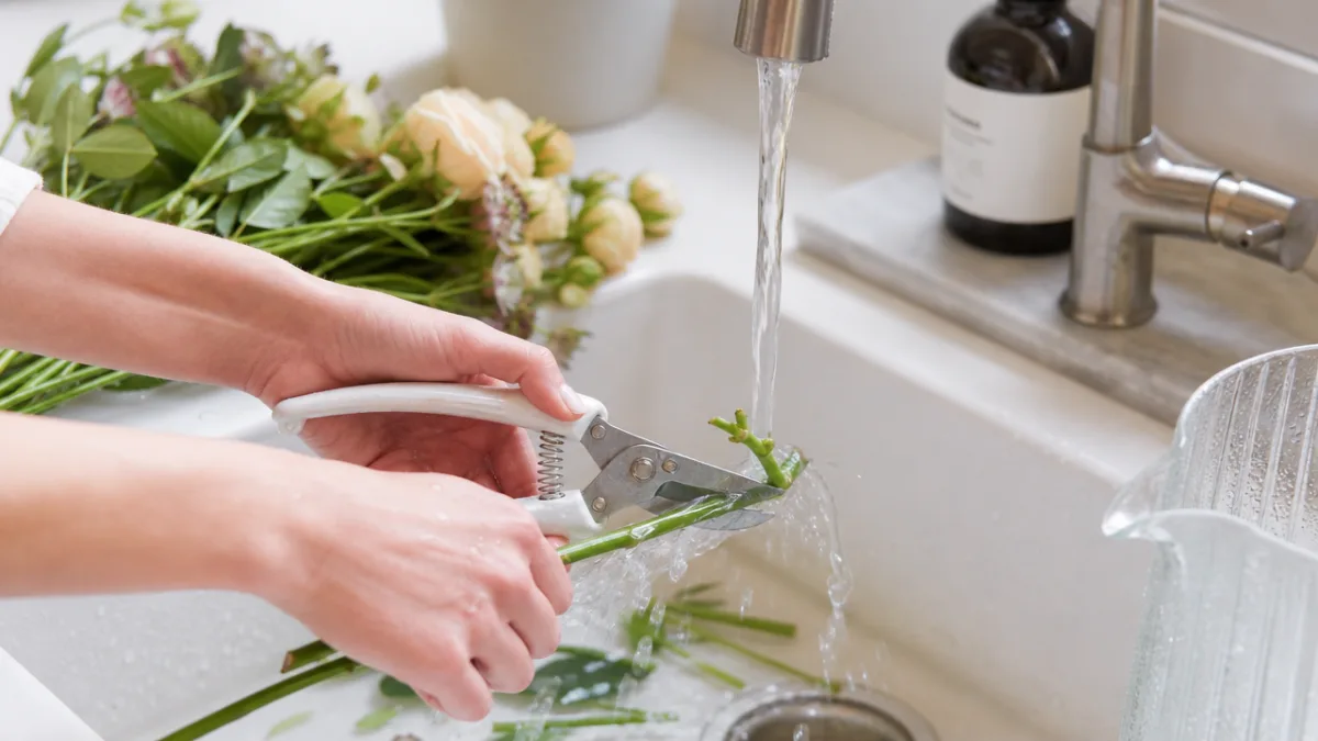 close-up of hands trimming flower stems under running water, bright natural light…