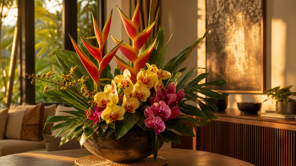 a lush tropical flower arrangement featuring heliconias and orchids in a modern…