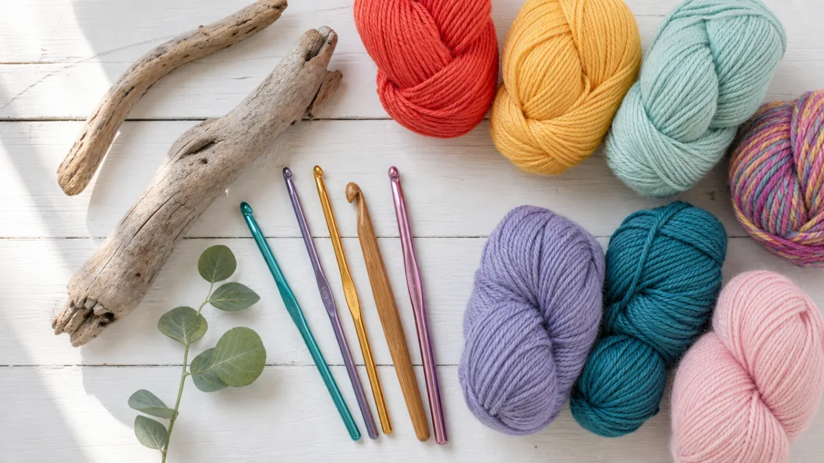 a flat lay of colorful yarns, crochet hooks, and driftwood on a…