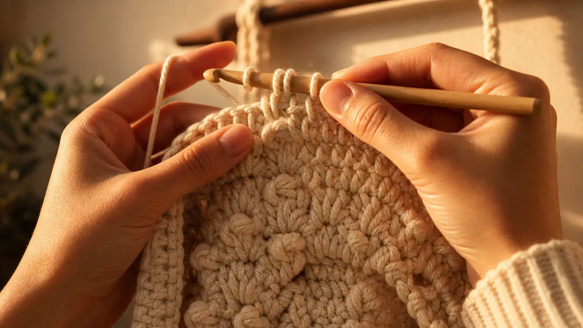 close-up of hands crocheting a cream-colored wall hanging with textured stitches, warm…