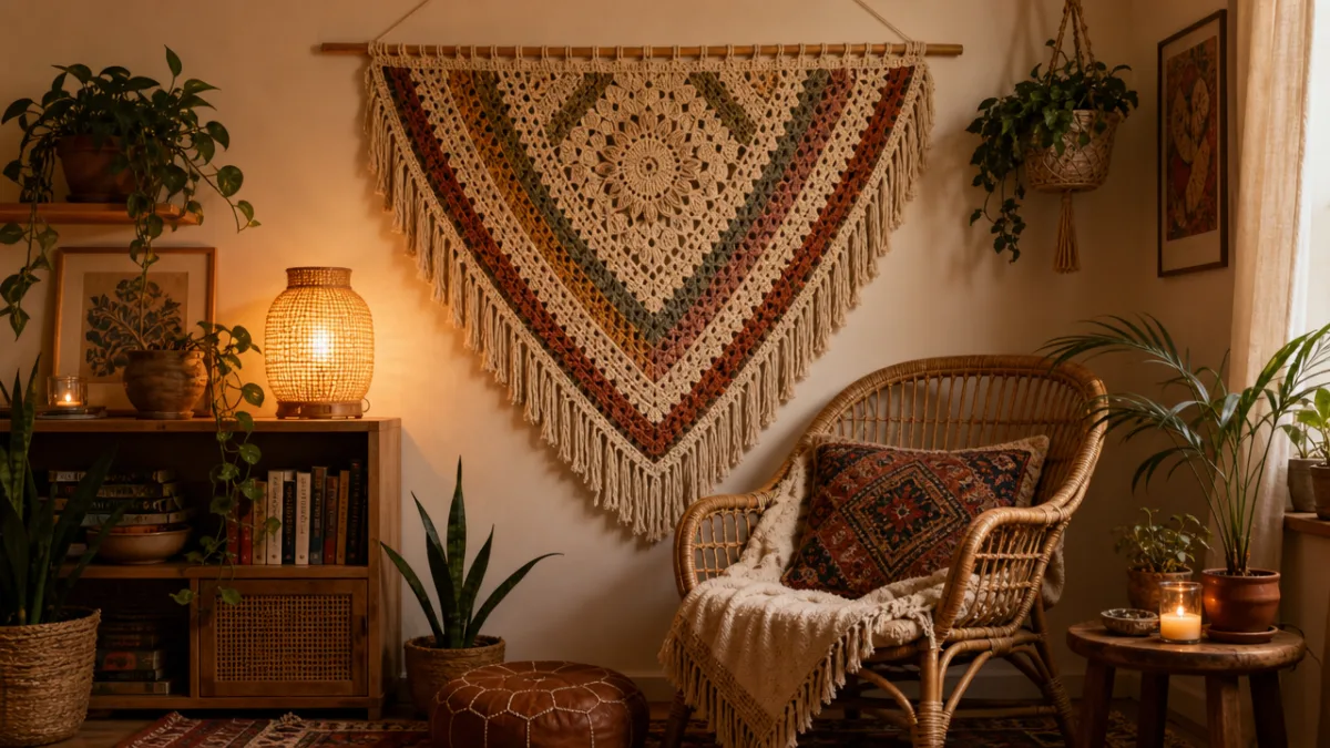 a cozy bohemian living room corner with a large crochet wall hanging…