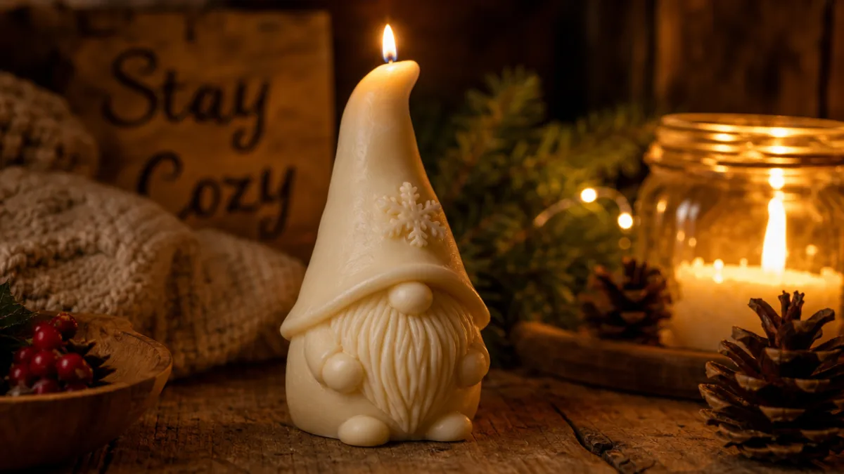 a handcrafted gnome-shaped soy wax candle on a rustic wooden surface, warm…