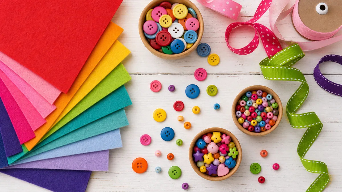 a flat lay of colorful felt sheets, buttons, beads, and ribbon on…