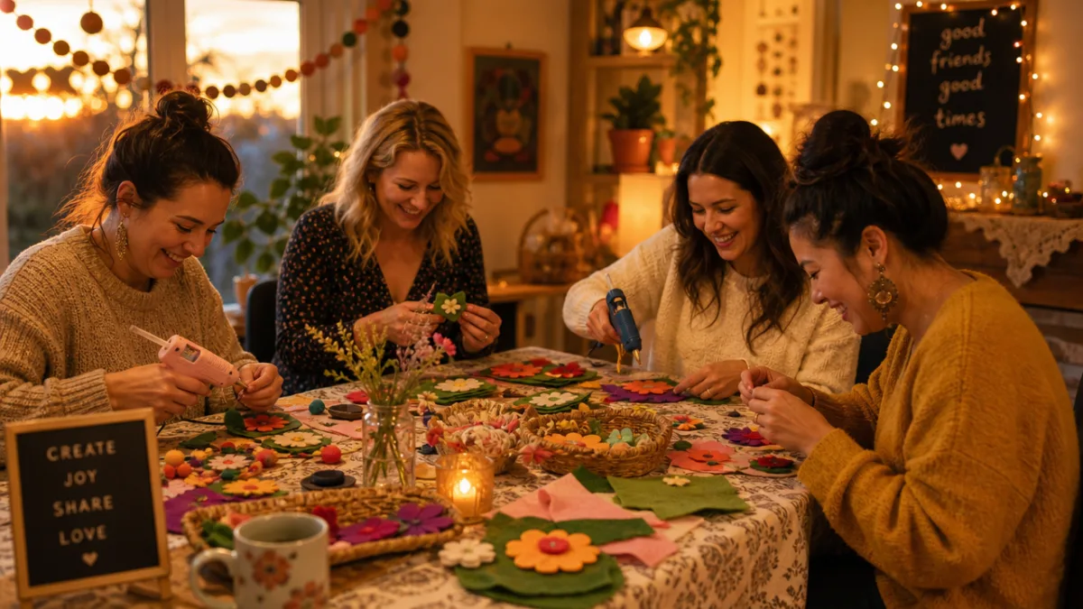 a group of women crafting together at a decorated table with felt…