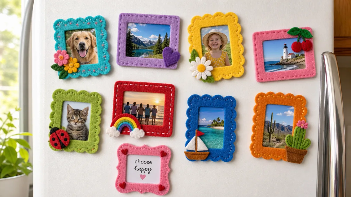 a collection of colorful completed mini felt frame magnets arranged on a…
