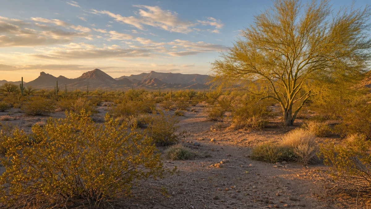a wide-angle view of a desert landscape with creosote bushes and a…