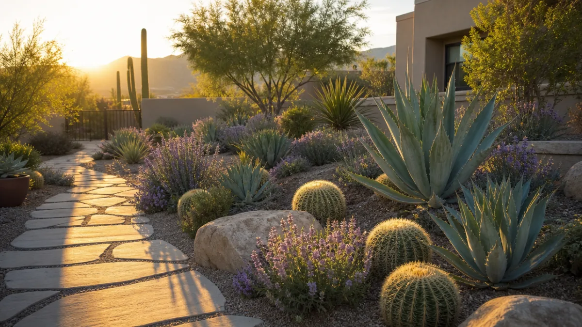 a beautifully designed xeriscape garden with agaves, barrel cacti, and desert sage,…