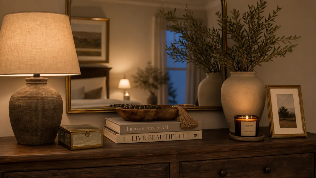 a styled bedroom dresser top with layered decor, warm lamp light, soft…