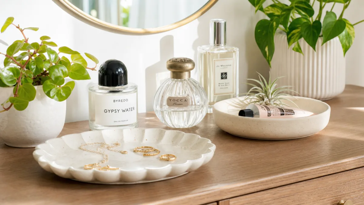 a close-up of a dresser top with ceramic trays, perfume bottles, and…